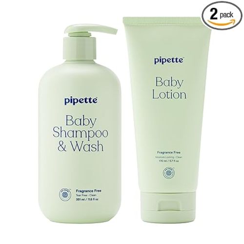 Pipette Fragrance Free Wash and Lotion Duo, Pack of 2, Fragrance Free Baby Shampoo and Body Wash, Unscented Lotion for Newborns, Sensitive Skin, and Kids, Tear-Free Bath Time, Hypoallergenic