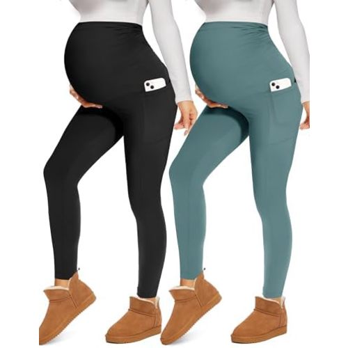 Fotociti Maternity Fleece Lined Leggings with Pockets Over The Belly,Womens Pregnancy Thermal Warm Workout Yoga Pants Winter