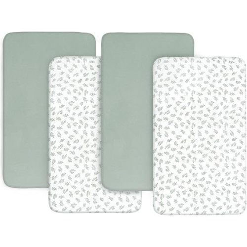 4-Pack Fitted Bassinet Sheets Compatible with Baby Delight, Maxi COSI Iora,Dream On Me Skylar and Other Rectangle, Oval, Hourglass Bassinet Mattress, Ultra Soft and Breathable, Green Leaf