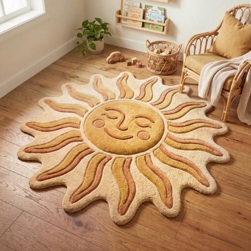 Hand Tufted Sun Rug, Cute Nursery Area Rug, Smiley Face Kids Carpet, Boho Baby Room Decor, Irregular Wool Rug