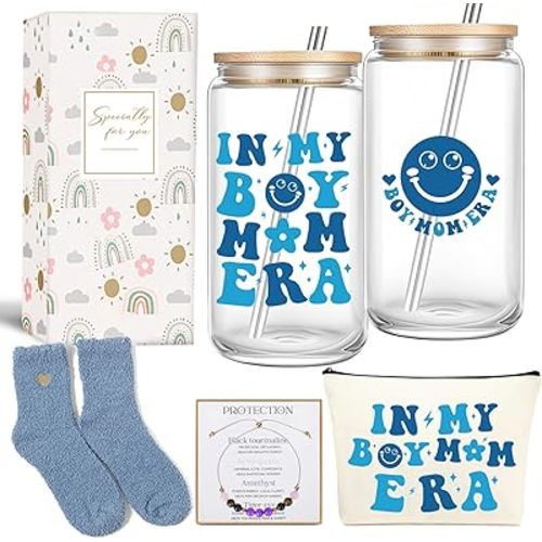 Boy Mom Gifts In My Boy Mom Era 16 oz Iced Coffee Glass with Lid and Straw First Mothers Day Gift for New Moms, Mother, Mama New Moms Gifts