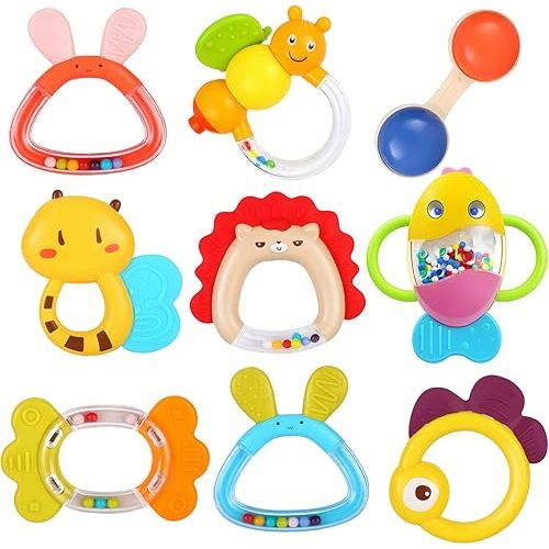 MOONTOY 9pcs Baby Rattles Infant Teething Toys Teethers Sensory Toys for Babies 3-6 Months 6-12 Months Boy Girl Gifts