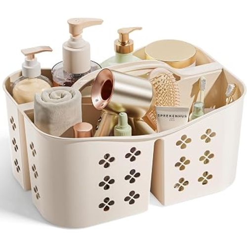 Portable Shower Caddy with Handle, Large Capacity Shower Basket Organizer, Quick-Drain Bathroom Storage Tote, Durable Plastic Shower Organizer for College Dorm, Beach, Gym, Travel Essentials, Beige