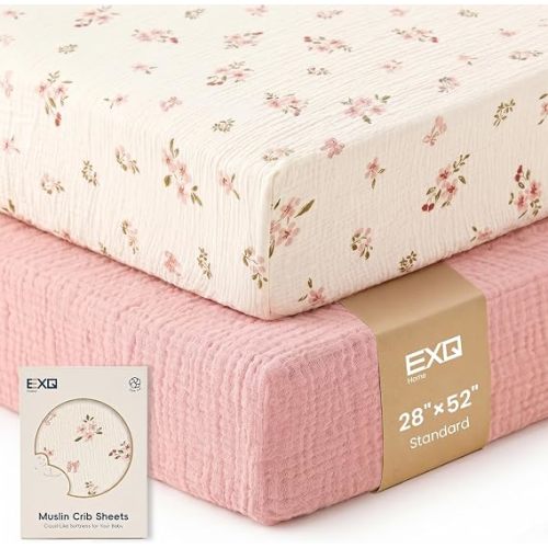 Muslin Crib Sheets for Boy Girl, 2 PCS Breathable 100% Cotton Soft Fitted Crib Sheet for Standard Crib Mattress, 52"x28", Pink Blossoms