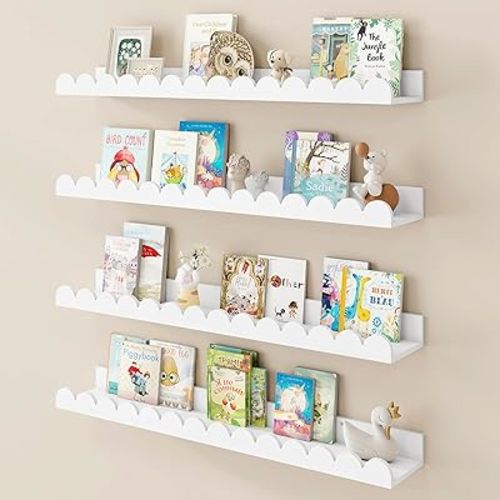 Fun Memories 28 Inch Scalloped Floating Shelf, White Picture Ledge for Wall, Set of 4, Nursery Book Shelves for Baby Room, Kids Rooms, Bedroom