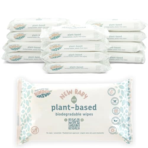 Kinder by Nature Plant Based Baby Wipes - 100% Biodegradable & Compostable, 672 Count (12 Packs of 56) - 99% Plant-Based Ingredients, Plastic-Free Wipes