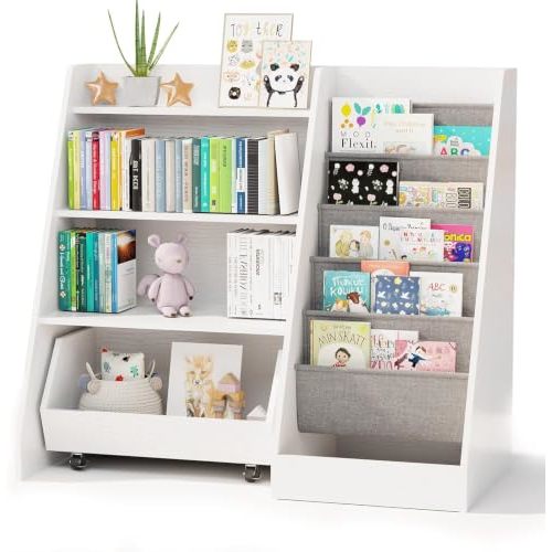 COZPAW Kids Bookshelf and Toy Storage, 4 Tier Toddler Bookshelf with Movable Drawer (White)