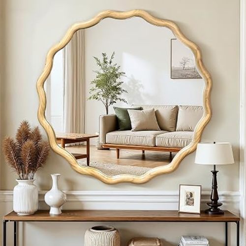 Round Wood Wavy Mirror for Wall, 36" Boho Circle Mirror | Scalloped Wood Frame, HD Shatterproof Glass, Decorative Wall Mirror for Vanity, Bedroom, Entryway, Living Room & Dresser