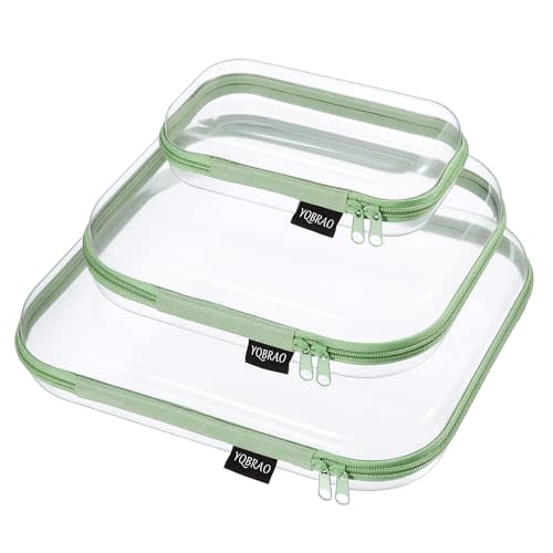 YQBRAO 3-Pack Clear Hard Shell Zipper Case Green, 1.2mm Heavy-Duty Crush-Proof Travel Makeup Bag, Multi-Size (L+M+S) Diaper Bag Organizer Pouches, Rigid Clear Zipper Pouches for Tech, Toys & Home