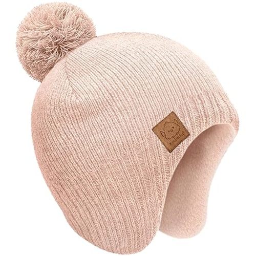 Baby Beanie Winter Hat 0-6 Months - Cute Pom Winter Baby Hats with Earflaps, Soft & Stretchy Knit Toddler Beanies for Infant, Newborn 0-6 Months Boys, Girls, Cozy, Warm Fall Essentials (Blush, S)