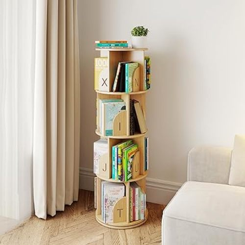 4 Tier Rotating Bookshelf, 360 Display Spinning Bookcase, Corner Bookshelf, Floor Standing Revolving Bookcase Storage Rack, Narrow Book Shelf Organizer for Small Space, Bedroom, Office, Natural