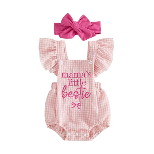 Mamas Little Bestie Baby Girl Romper Ruffle Flutter Sleeve Pink Gingham Bodysuit Bow Cute Infant Summer Outfit 0-18M