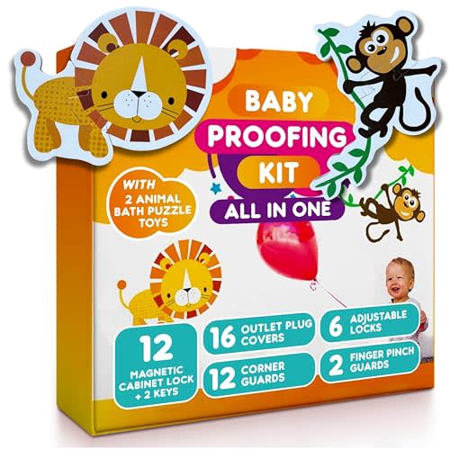 Child Safety Kit - 67 Pack Baby Proofing Essentials | Magnetic Cabinet Locks, Power Point Outlet Covers, Clear Corner Protectors, Strap Locks, Finger Pinch Guards | Bonus Bath Toys