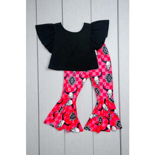 X0777-18 Black bell sleeve top & cow print bell bottom 2pc girls set