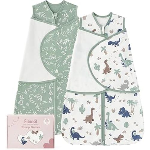 Baby Swaddle Sleep Sack 3-6 Months, Swaddles for Newborns Boy Girl, 3-Way Adjustable Infant Swaddle Blanket with Zipper & Detachable Wrap, 2 Pack Soft Snug Green Dinosaur