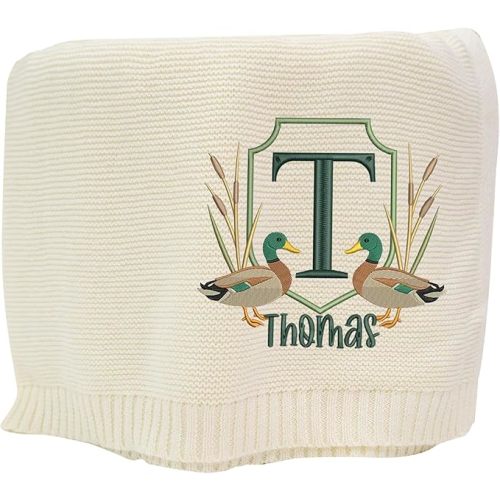 Mallard Ducks Crest Embroidered Knit Blanket, Custom Baby Name Blanket for Boy, Personalized Outdoor-Themed Nursery Keepsake Gift
