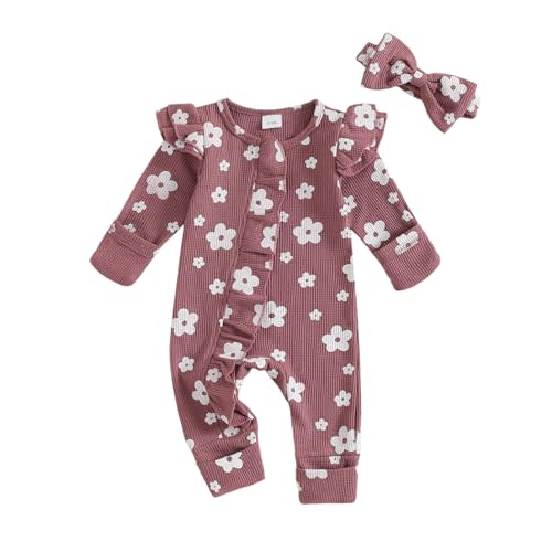 allshope Infant Baby Girl Fall Outfit Sweatshirt Romper Floral Print Long Sleeve Jumpsuit Newborn Waffle Clothes