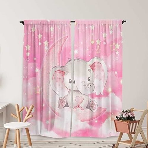 Watercolor Elephant Window Curtains Pink Twinkle Star Drapes