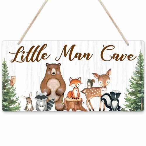 Uflashmi Wooden Little Man Cave Nursery Sign Woodland Animal Theme Wall Art 12 x 6 Inch