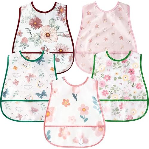 R HORSE 5Pcs Baby Bibs Set Toddler Bibs with Crumb Catcher Pocket & Snap Button Waterproof Baby Feeding Bibs for 6-24 Months