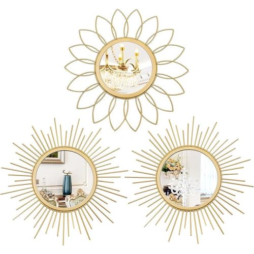 3 Pack Metal Mirrors for Wall Sunburst Wall Mirrors Home Décor Decorative Hanging Wall Art for Living Room Bedroom Entryway (Gold, Flower+Sunburst)