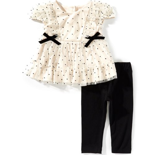 Rare Editions Baby Girls Puffed-Sleeve Polka-Dot Mesh Dress & Knit Leggings Set