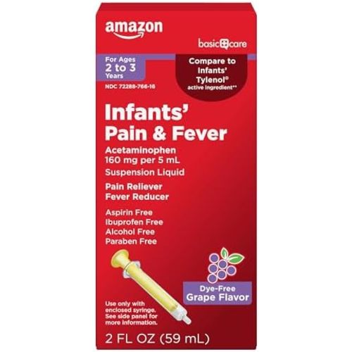 Amazon Basic Care Infants' Pain & Fever, Pain Reliever, Fever Reducer, Acetaminophen 160 mg per 5 mL, Suspension Liquid, Dye-Free Grape Flavor, 2 fl oz (1-Pack)