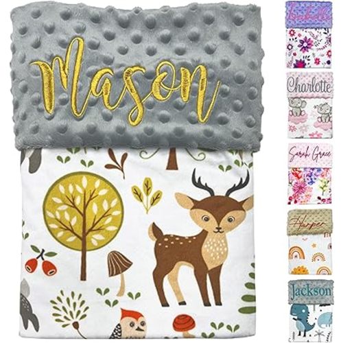 Personalized Baby Blanket - 28x36in Custom Minky With Name Embroidery - Customized for Newborn Boys and Girls - Super Soft Plush for Babies (Animals)