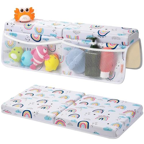 Bath Kneeler and Elbow Rest Pad Set, 1.5” Thick Bathtub Kneeling Mat | Cozy Memory Foam, Non-Slip 6 Suction Cups and 4 Toys Organizer Pockets, Quick-Dry Bath Kneeling Pad for Babies Toddlers