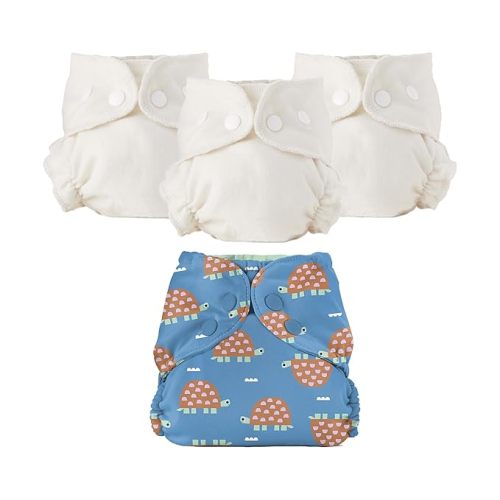 Esembly Cloth Diaper Bundle Set - 3 Organic Cotton Absorbent Inners and 1 Waterproof Outer Diaper Cover - Reusable, Washable, Snap Closure Cloth Diapers - Size 1 (7-17lbs), Turtles