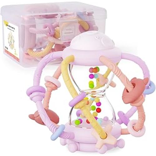 Socub Baby Montessori Sensory Toys for 0-6 6-12 Months, Food Grade Teething Toys for Babies 3-6 6-12 12-18 Months, Newborn Infant Learning Developmental Rattle Toy for 6-12 Months Boys Girls(Pink)