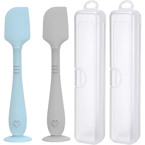 2 Pack Diaper Cream Spatula with Hygienic Travel Case, Butt Spatula Baby with Suction Base, Baby Butt Paste Spatula, Soft Silicone Diaper Rash Cream Applicator Large Size (Blue & Gray)