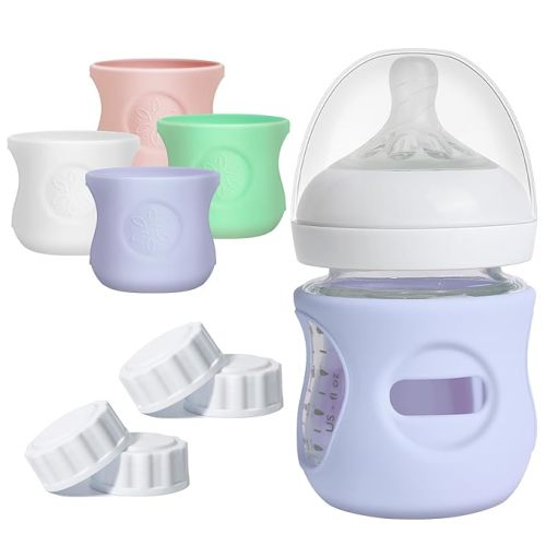 4 Pack Silicone Sleeves for Philips Avent Natural Glass Bottle, Food Grade Silicone Cover and 4pcs Travel Caps, Lids Replacement (White+Pink+Violet+Green, 4oz)