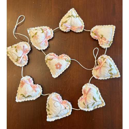 Up Cycled Quilt Heart Garland, Blush Bow Embroidered Banner, Romantic Vintage Inspired Nursery or Mantel