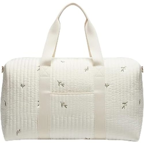 Quilted Duffle Bag, Olive Embroidery Large Capacity Baby Travel Bag for Hospital and Weekender Travel with Zipper, 18.9x11x9.4in, Baby Hospital