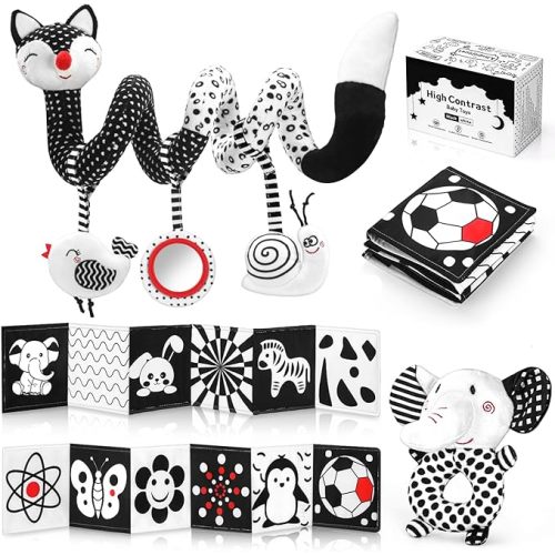 High Contrast Black and White Baby Toys 3-Piece Newborn Essentials Set with Hanging Toys,Rattle Crib Mobile,baby Book & Car Seat Stroller Toys for 0-3-6-12 Months Infant Development