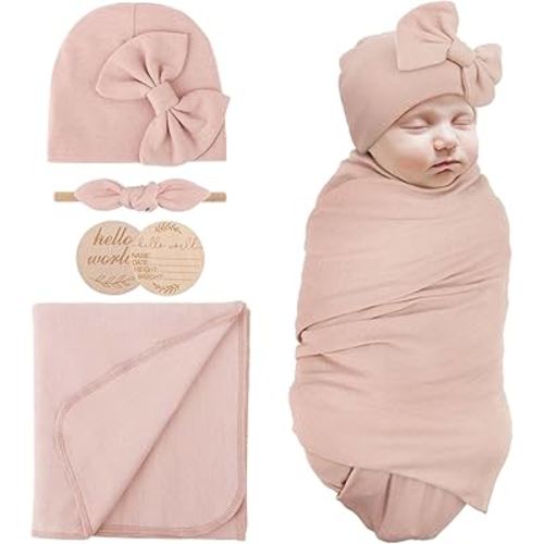 Newborn Receiving Blanket with Bow Hat Headband Wooden Card Set Newborns Toddler Baby Boy Girl Nursery Swaddle Wrap