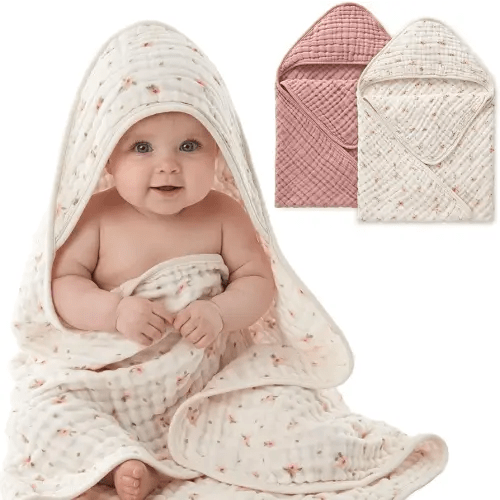 Blissful Diary Muslin Baby Hooded Towel 2 Pack, Soft & Absorbent Bath Towel for Baby Girls, Infant Gift, Newborn Essentials, Pink Floral & Light Pink