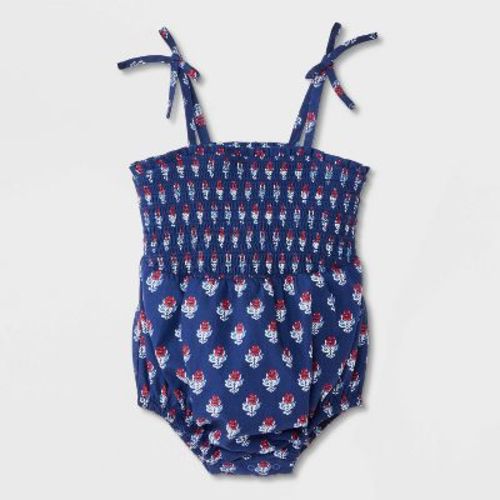 Baby Girls' Floral 4th of July Smocked Romper - Cat & Jack™ Navy Blue 6-9M