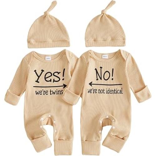 SHUING Twin Baby Matching Outfits Twin Baby Romper Sets Fall Clothes Hat | Funny Letters Print, Comfortable and Soft Fabric, for Twin Baby Shower Gifts/Newborn Twin Coming Home Outfit/Holidays Gifts