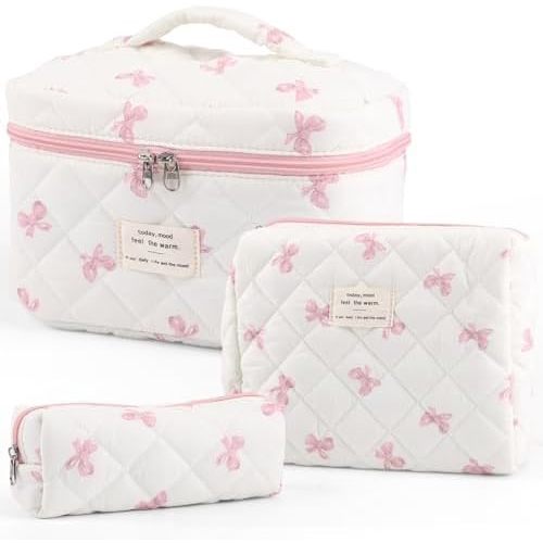 Large Quilted Makeup Bag for Women and Girls, Cute Coquette Floral Cotton Cosmetic Bag, Aesthetic Travel Organized Toiletry Bags (07-pink bows 02)
