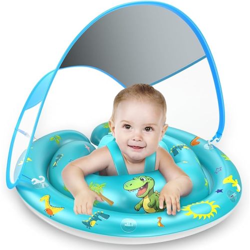 LAYCOL Baby Pool Float with Canopy UPF50+, 120°Adjustable Sun Protection and Anti-Tip Safety Seat, Inflatable Toddler Floaties Infant Pool Float with Animal Pool Toys, Baby Beach Essentials for 6-36M