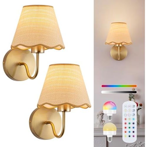 ADISUN Battery Operated Wall Sconce Set of 2, Gold Wall Lamps Rechargeable Bulbs for Living Room, Rattan Shade Wireless Wall Lights for Bedroom Living Room Hallway Kitchen(2 Bulbs Included)