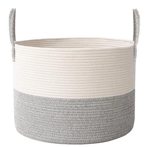 JMvicyroam Woven Blanket Basket,65L Large Rope Storage Bin with Handles, Organizer for Blankets Toys Book and Clothes, Laundry Basket for Living Room Bedroom Nursery,White&Grey