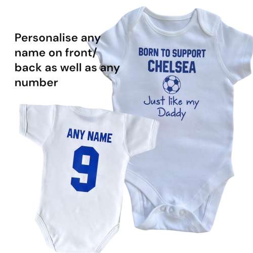 Personalised Chelsea Baby Bodysuit: Born to Support, Custom Name