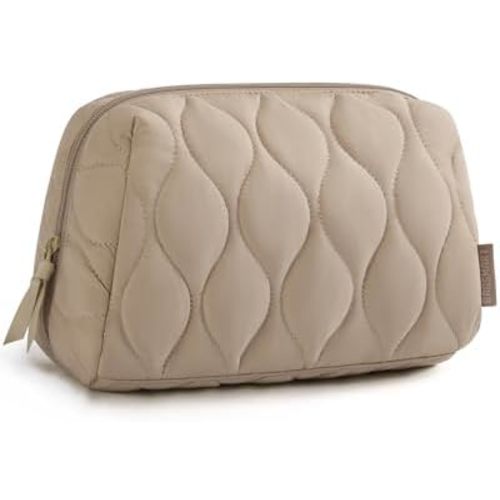 BAGSMART Makeup Bag, Travel Cosmetic Bag, Puffy Padded Make Up Bag for Women, Makeup Organizer Case, Wide-open Pouch Purse, Travel Essentials, Toiletries Accessories Brushes, Camel(Khaki)