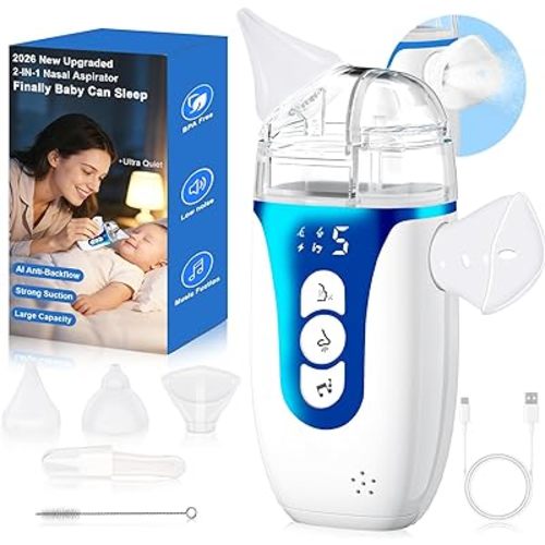 Nasal Aspirator for Baby,2-in-1 Smart Electric Nose Sucker, 2026 Upgraded with AI Anti-Backflow Protection,70Kpa Hospital-Grade Suction,15ml Large Capacity,5 Levels,Ultra-Quiet with Music-Dark Blue
