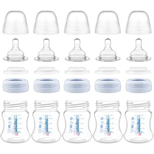 Maymom Wide-Mouth Milk Storage Feeding Collection Bottle with Nipple, Dome Cap, Bottle Top, SureSeal Sealing Disk; Compatible with Spectra Pump/Motif Luna; 5 pc (4.7Oz/140mL)