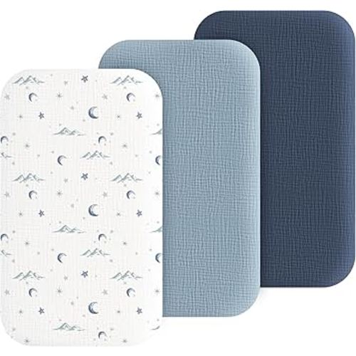 Muslin Bedside Sleeper Bassinet Fitted Sheets, 3 Pack Cotton Baby Sheet for Boys & Girls, Soft, Compatible with Baby Delight, Dream On Me, AMKE and Other Rectangle Mattress (Nightfall Blue)
