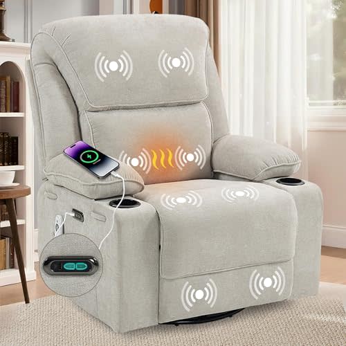 Recliner Chair Power Control, Nursery Reclining & Rocking Chair and Glider, Massage Swivel Living Room Furniture for Small Spaces, Bedroom, RVS, Lounge Sofa Chairs with USB & Type C Ports, Light Gray
